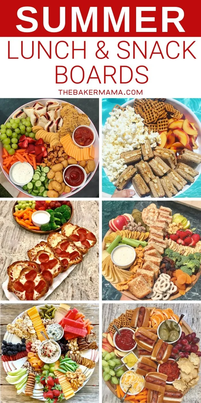 Variety of colorful summer lunch boards featuring snacks and fresh ingredients.