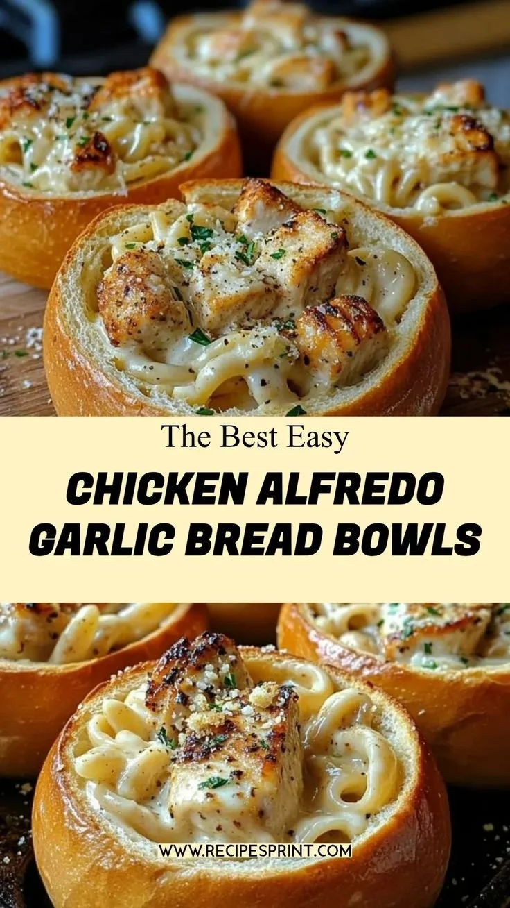 Chicken Alfredo Garlic Bread Bowls with creamy sauce and crispy bread