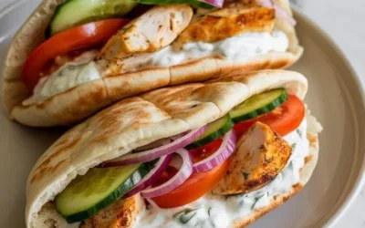 Delicious Crockpot Greek Chicken Pitas served with creamy Tzatziki sauce.