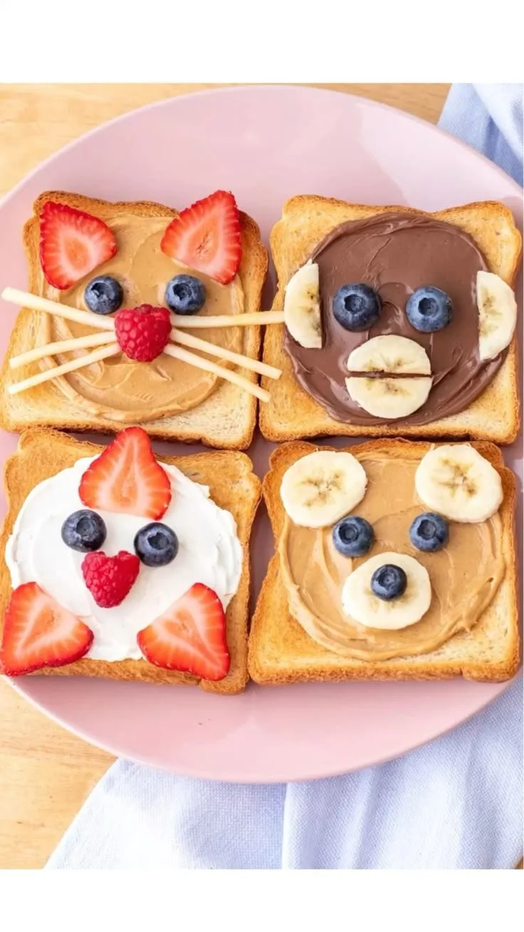 Cute animal face toast made with colorful ingredients for a playful breakfast