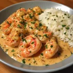 A plate of easy creamy garlic shrimp garnished with parsley