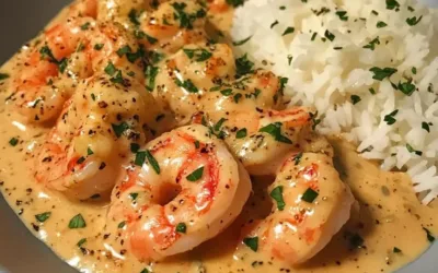 A plate of easy creamy garlic shrimp garnished with parsley
