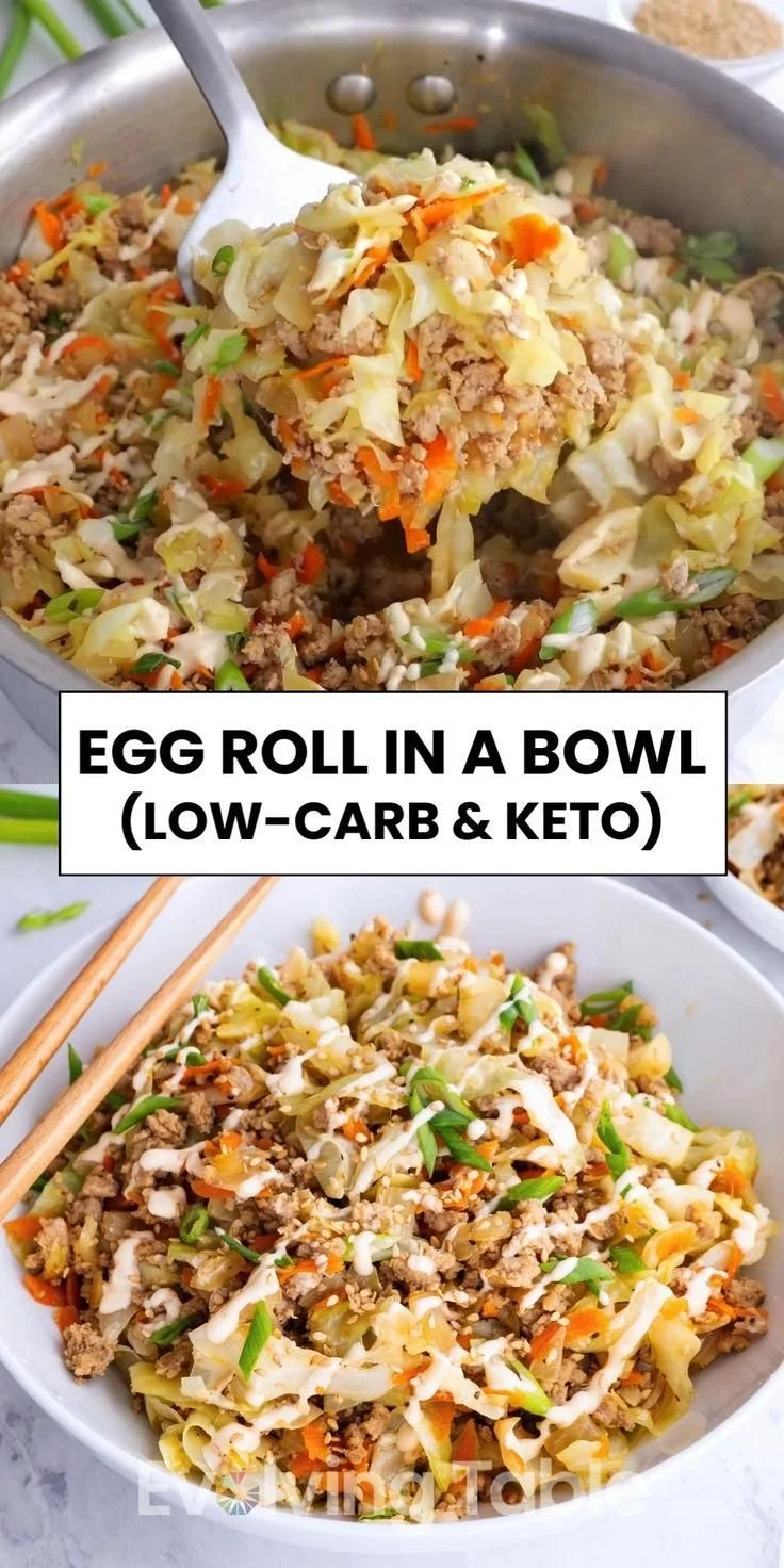 Easy egg roll in a bowl recipe featuring vegetables and ground meat.