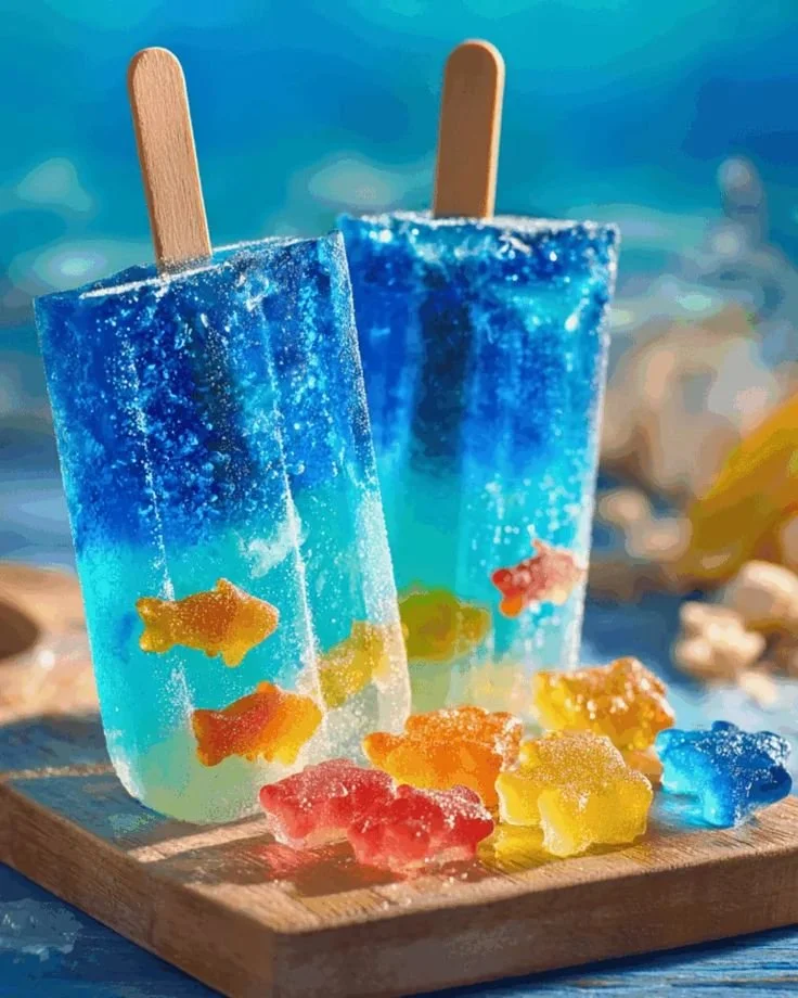 Colorful edible aquarium popsicles for fish in a vibrant underwater setting.