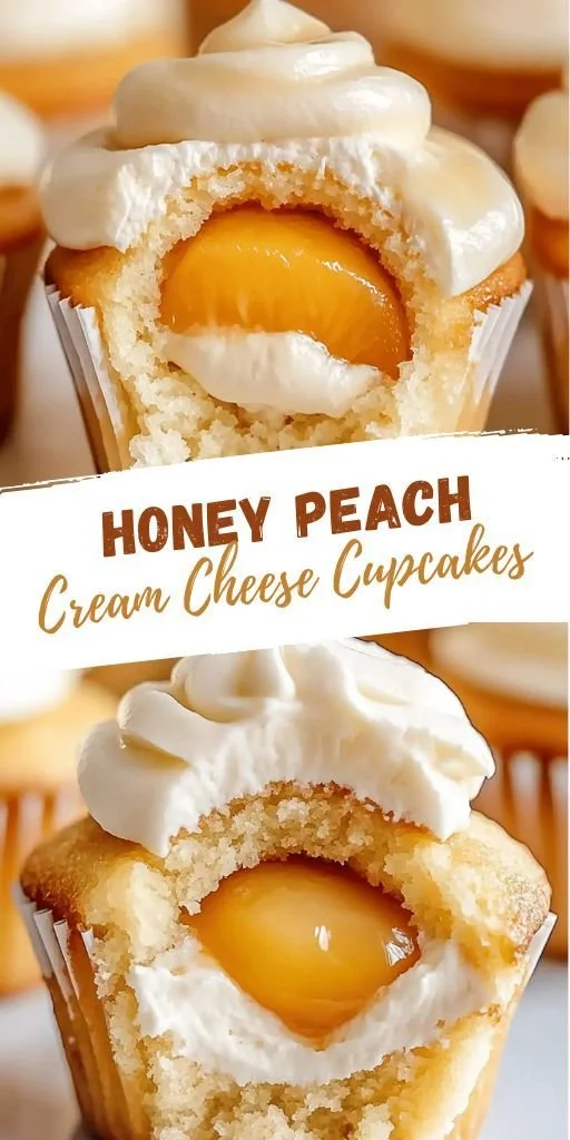Honey peach cream cheese cupcakes topped with fresh peaches and cream cheese icing.