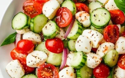 Juicy Cucumber Caprese Salad with fresh mozzarella, basil, and tomatoes