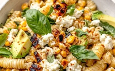 Delicious Juicy Street Corn Pasta Salad in a bowl with fresh ingredients.