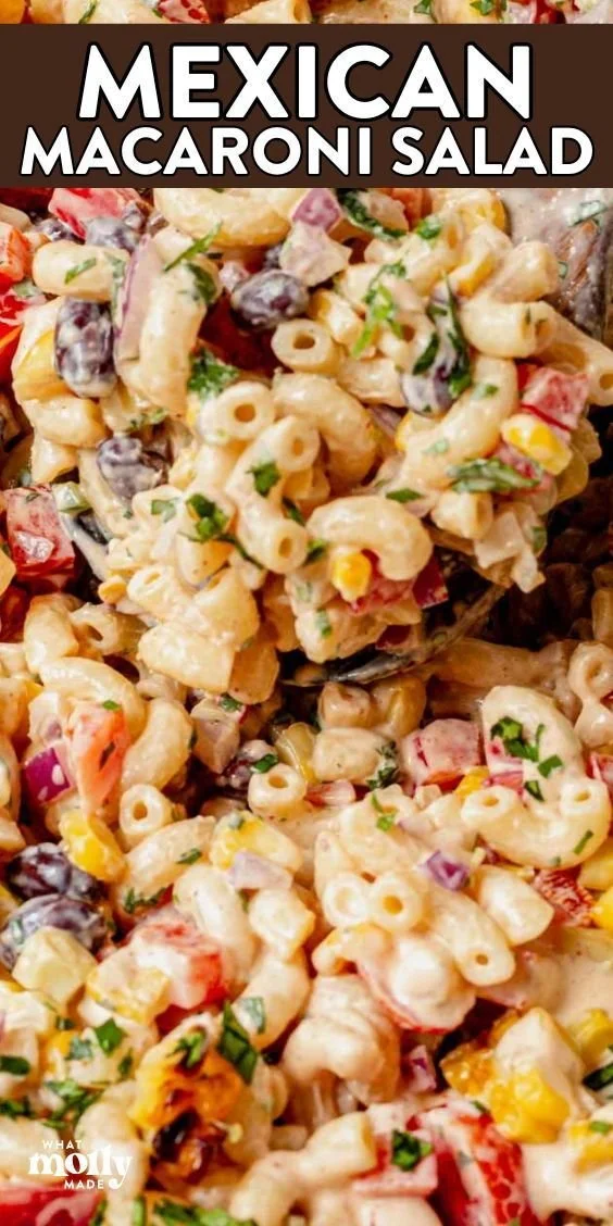 Colorful bowl of Mexican Macaroni Salad with veggies and creamy dressing