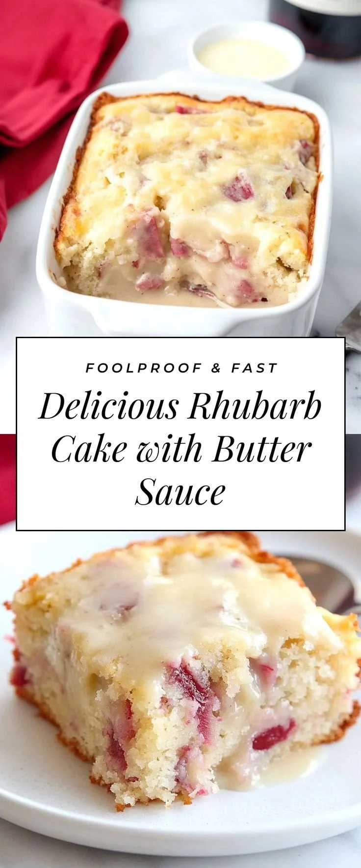 Moist rhubarb cake with a creamy butter sauce drizzle