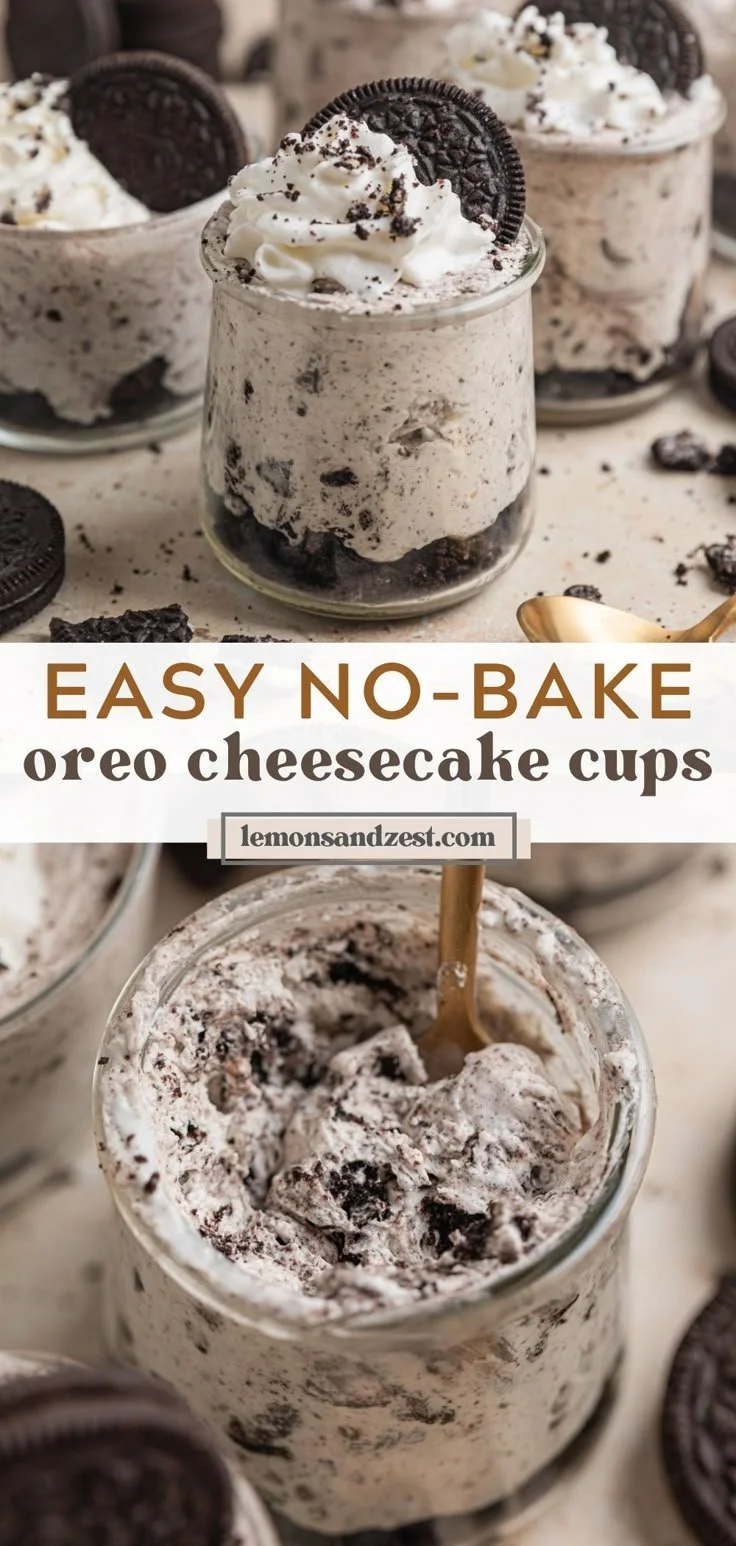 Delicious no bake Oreo cheesecake cups topped with crushed Oreos.