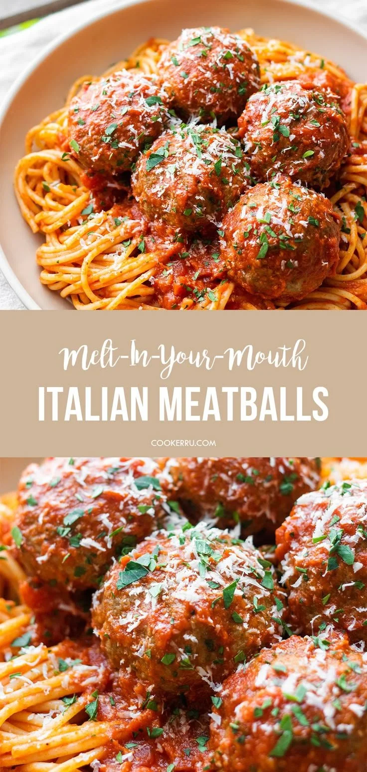 Delicious oven-baked Italian meatballs served with marinara sauce and pasta