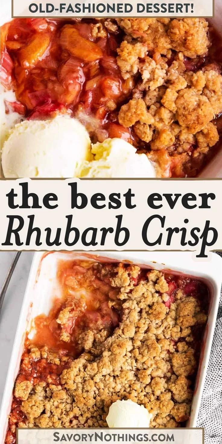 Delicious homemade rhubarb crisp dessert served in a bowl.