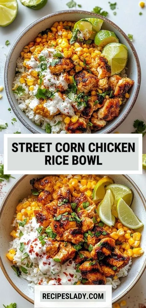 Delicious Street Corn Chicken Rice Bowl topped with fresh ingredients and spices.