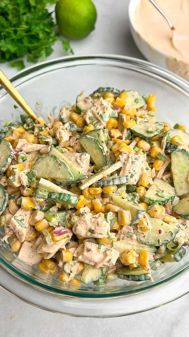 Street Corn Creamy Cucumber Salad with fresh ingredients and vibrant colors