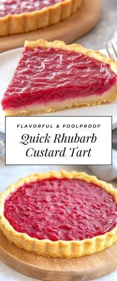 Delicious sweet rhubarb custard tart on a rustic table